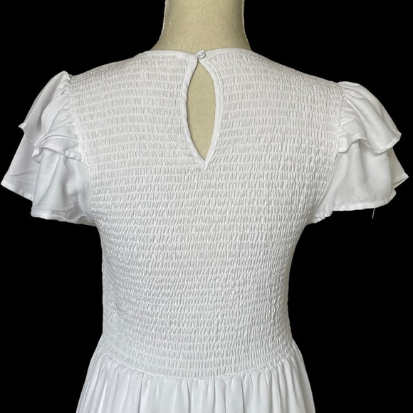 Wishing Waves Women’s Smocked Bodice Ruffle Sleeves White Dress Size M Chiffon - Picture 5 of 9